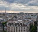 View over Paris with the Eiffel Tower (left) and La Defense (right) as seen from the top floor of Centre Pompidou.