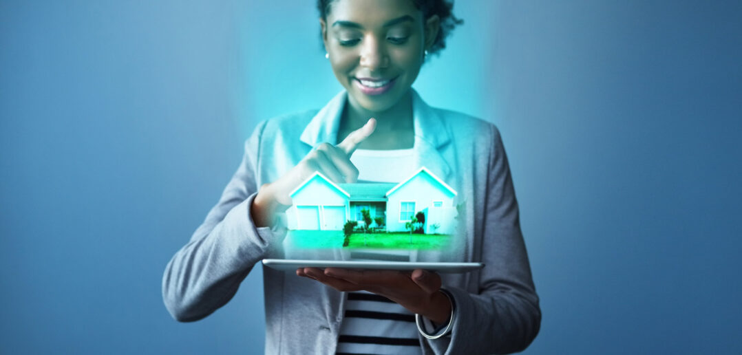 Business Woman holding a digital house_ Digital Transformation in Real Estate
